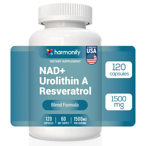 Supplement bottle labeled 'NAD+ Urolithin A Resveratrol' by harmonify on a white background