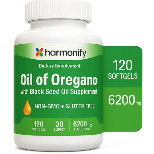 Supplement bottle labeled 'Oil of Oregano' by harmonify on a white background