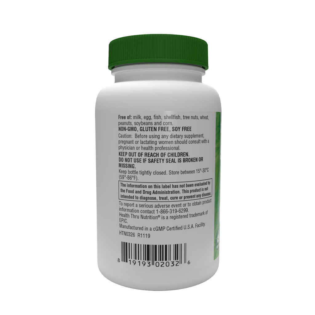 Back view of a supplement bottle with green cap and label on a white background