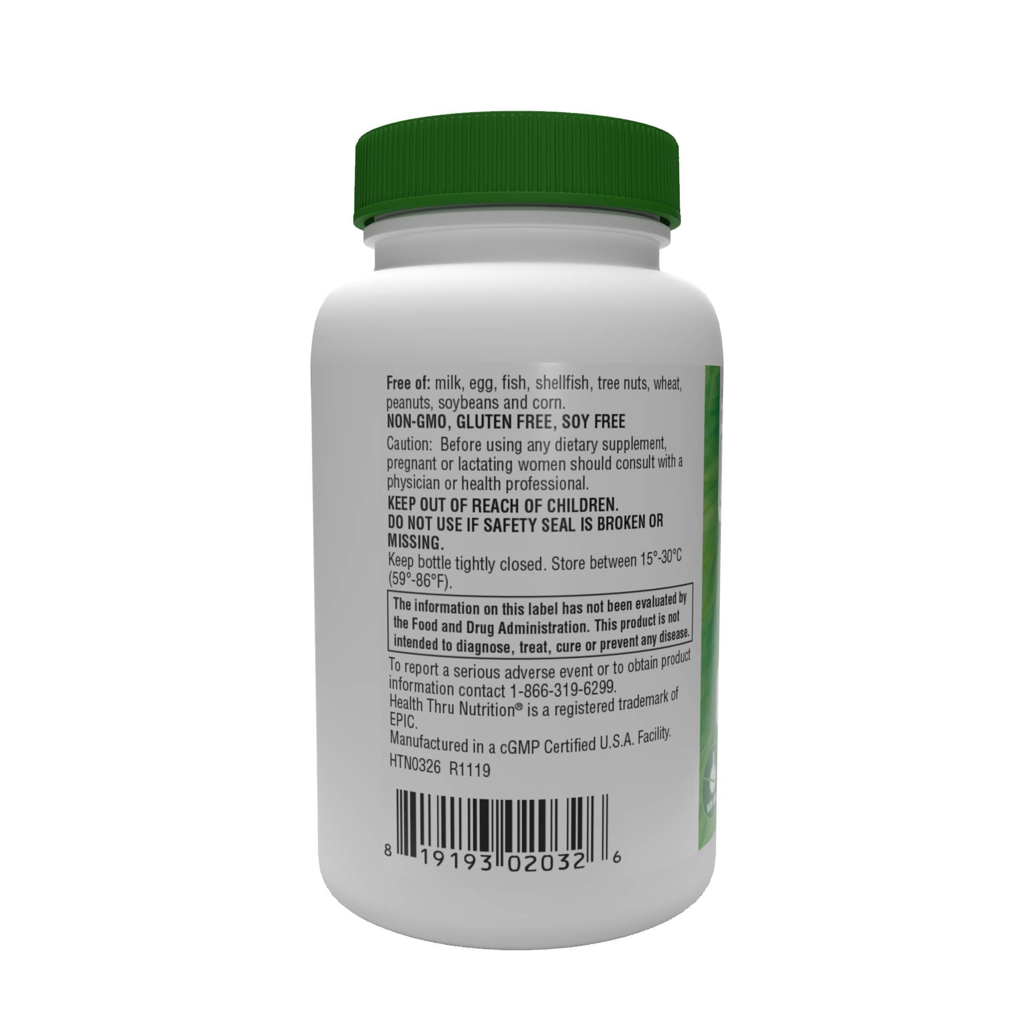 Back view of a supplement bottle with green cap and label on a white background