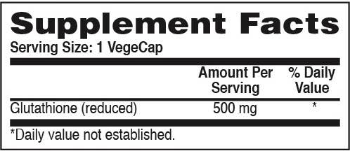 Supplement facts label with glutathione content on a white background