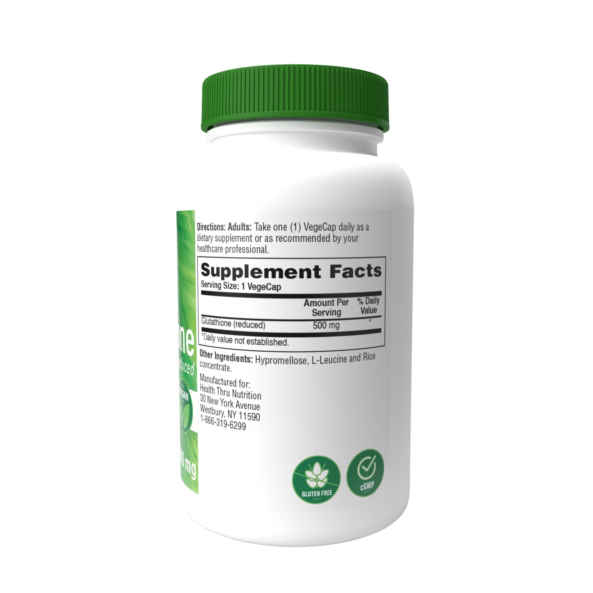 Supplement bottle with green cap and label on a white background