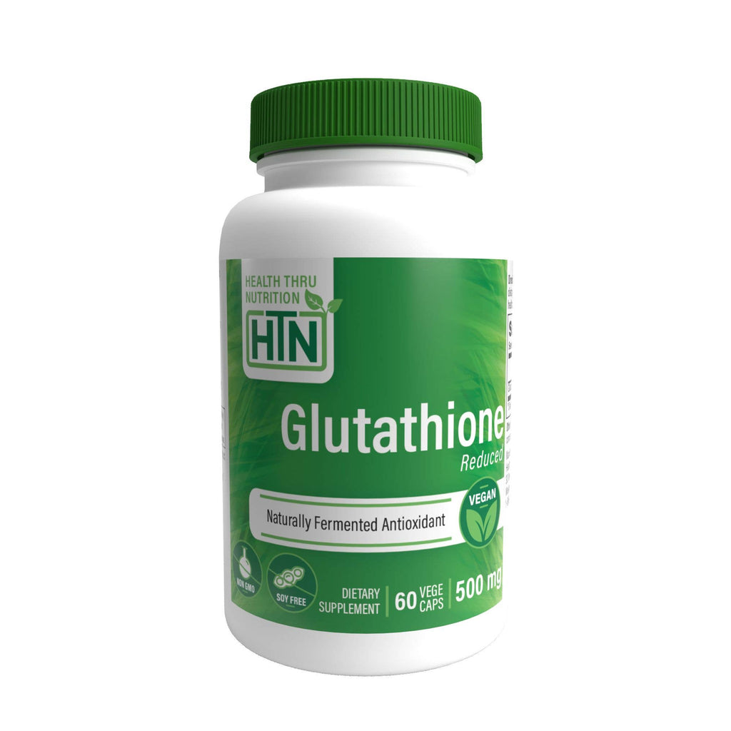 Supplement bottle labeled 'Glutathione' by Health Thru Nutrition on a white background
