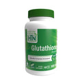 Supplement bottle labeled 'Glutathione' by Health Thru Nutrition on a white background