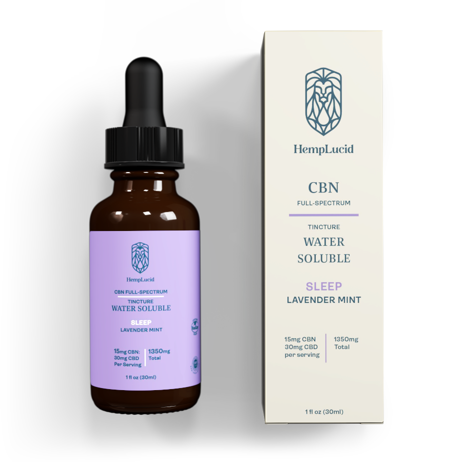 The image shows a bottle labeled 'HempLucid CBN Water Soluble' with a dropper, next to its packaging box with the same product name and additional information.