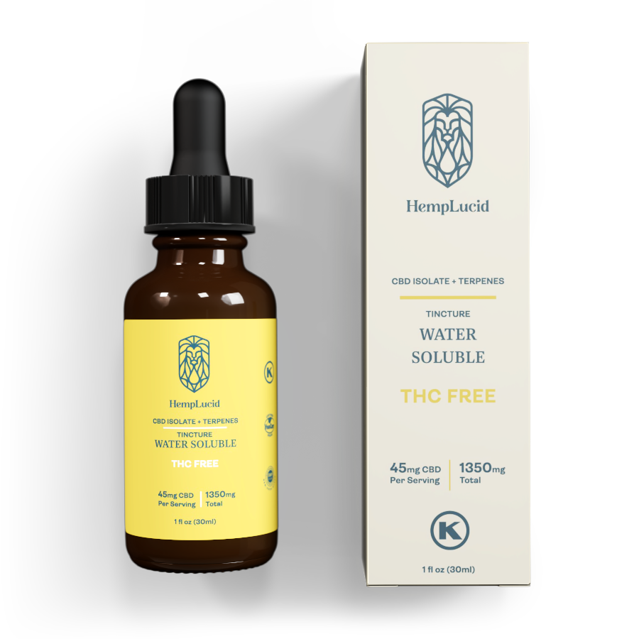 A bottle of HempLucid Water Soluble CBD oil next to its packaging box. The bottle is brown with a black dropper, and the box is white with the HempLucid logo and product information.