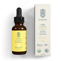 A bottle of HempLucid Water Soluble CBD oil next to its packaging box. The bottle is brown with a black dropper, and the box is white with the HempLucid logo and product information.