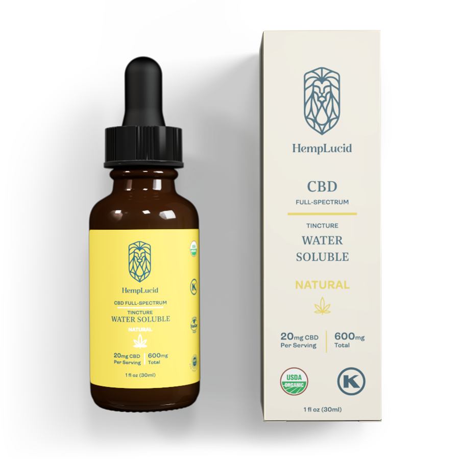 A bottle of HempLucid Water Soluble CBD oil next to its packaging box. The bottle is brown with a black dropper, and the box is white with the HempLucid logo and product information.
