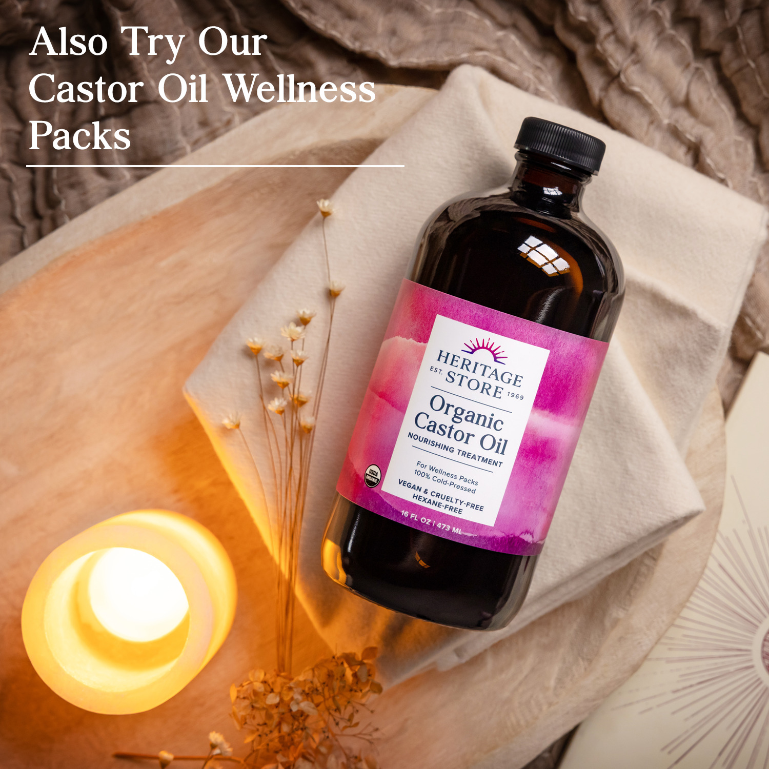 Heritage Store Organic Castor Oil - Cold-Pressed Hexane-Free for Wellness Packs