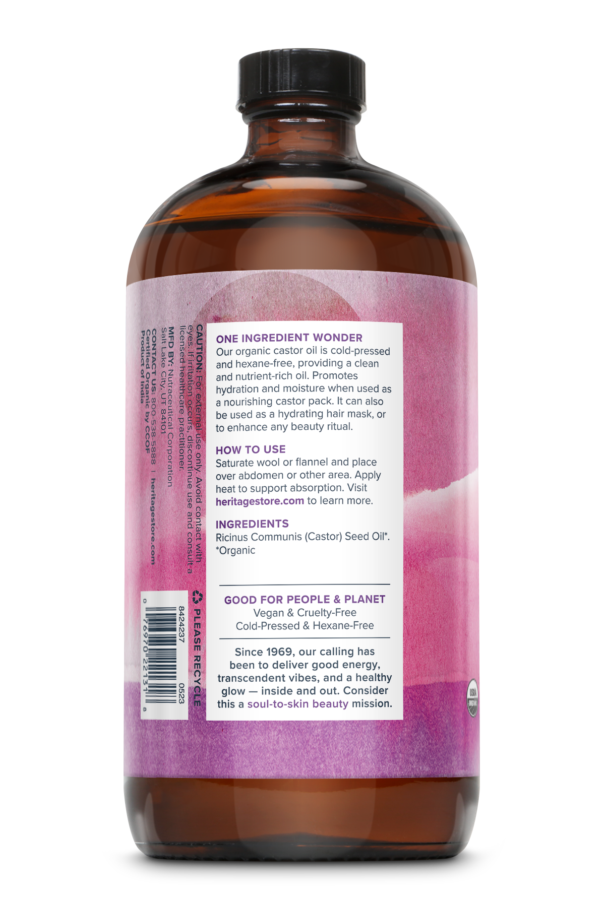Heritage Store Organic Castor Oil - Cold-Pressed Hexane-Free for Wellness Packs