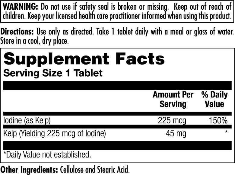A black and white Supplement Facts label showing directions and dosage information for a dietary supplement. The label states that the product should be taken daily with a meal or glass of water and lists iodine (as Kelp) at 225 mcg and kelp at 45 mg per serving.