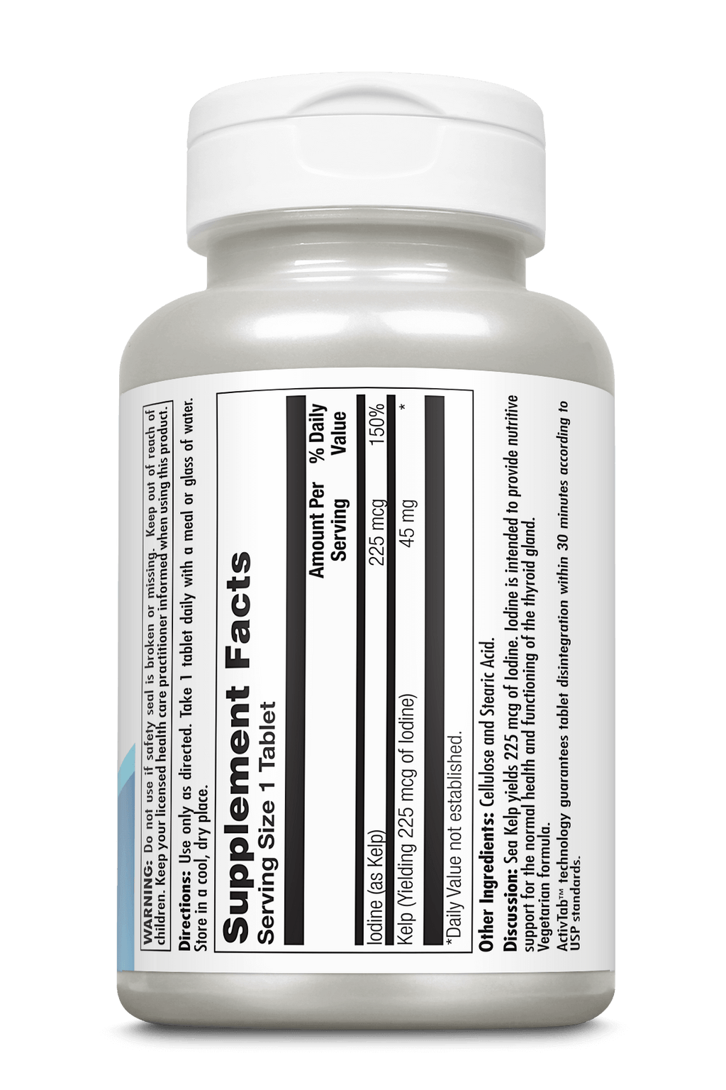 A white plastic supplement bottle with a white cap, showing the Supplement Facts label on a clean white background.