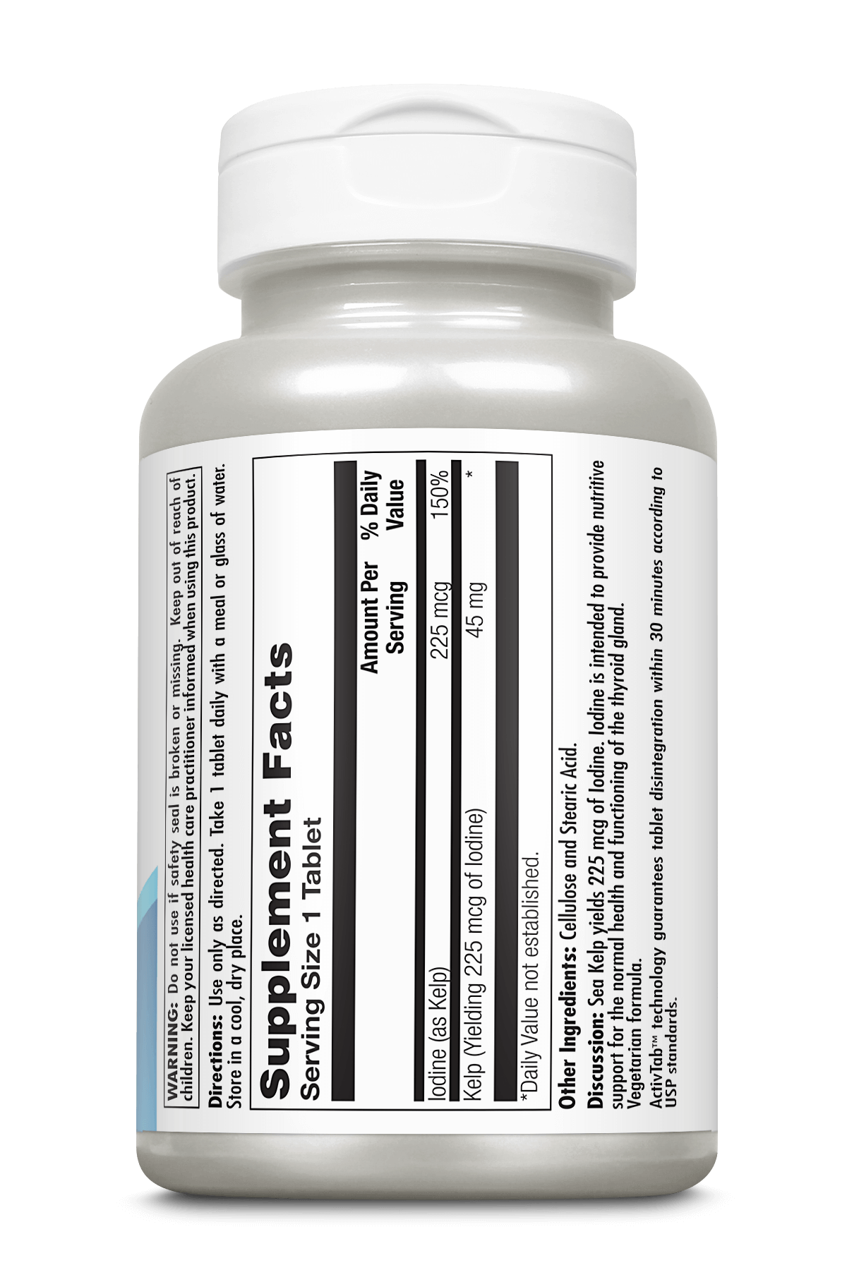 A white plastic supplement bottle with a white cap, showing the Supplement Facts label on a clean white background.