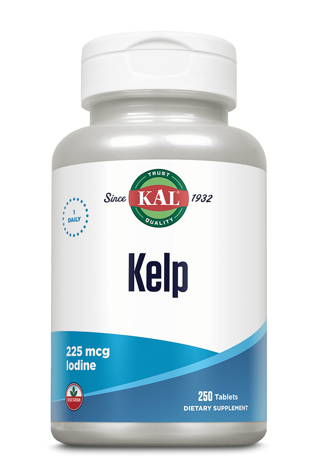 A white plastic bottle of KAL Kelp dietary supplement with a white cap, featuring a white and blue label with the KAL brand logo.