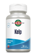A white plastic bottle of KAL Kelp dietary supplement with a white cap, featuring a white and blue label with the KAL brand logo.