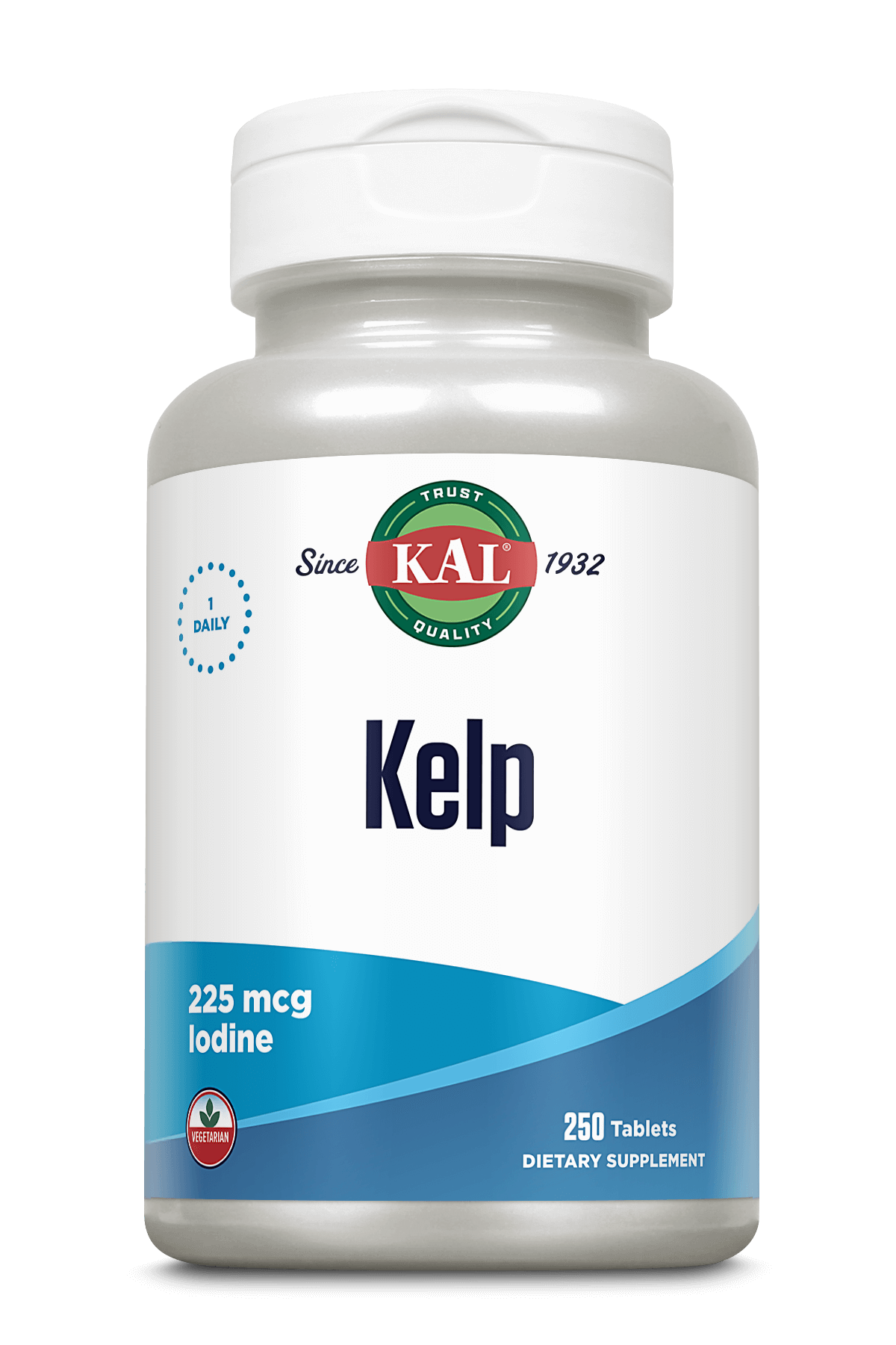 A white plastic bottle of KAL Kelp dietary supplement with a white cap, featuring a white and blue label with the KAL brand logo.