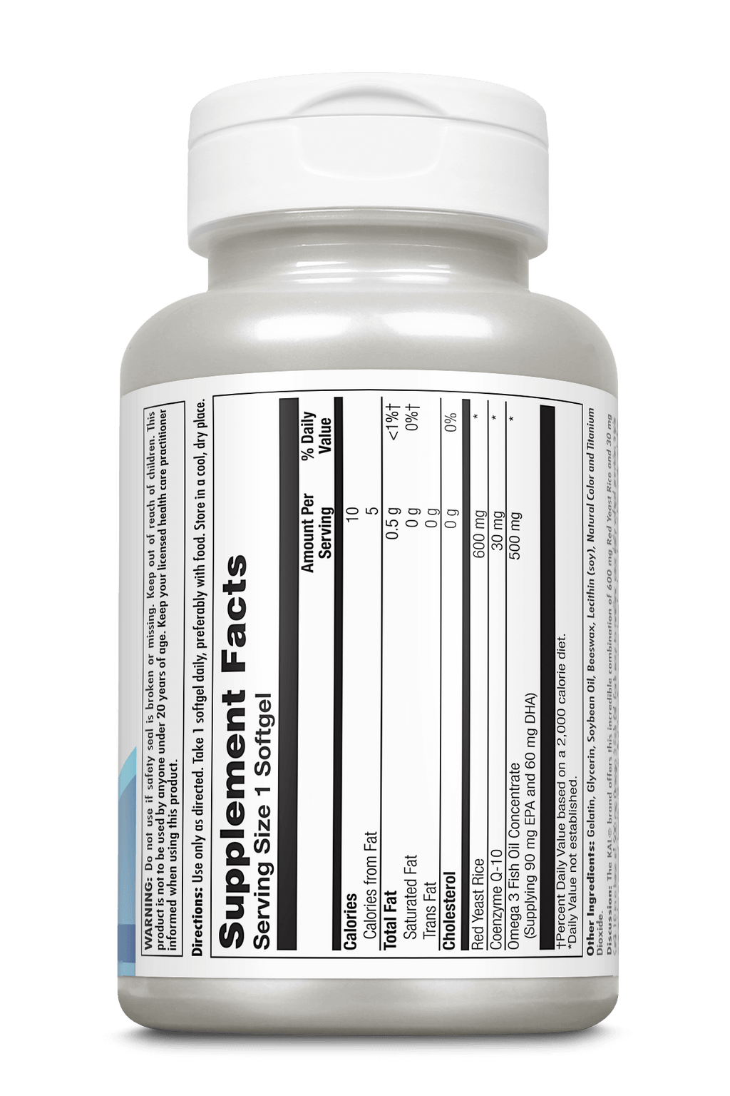 A white plastic supplement bottle with a white cap, showing the back label with Supplement Facts, on a clean white background.