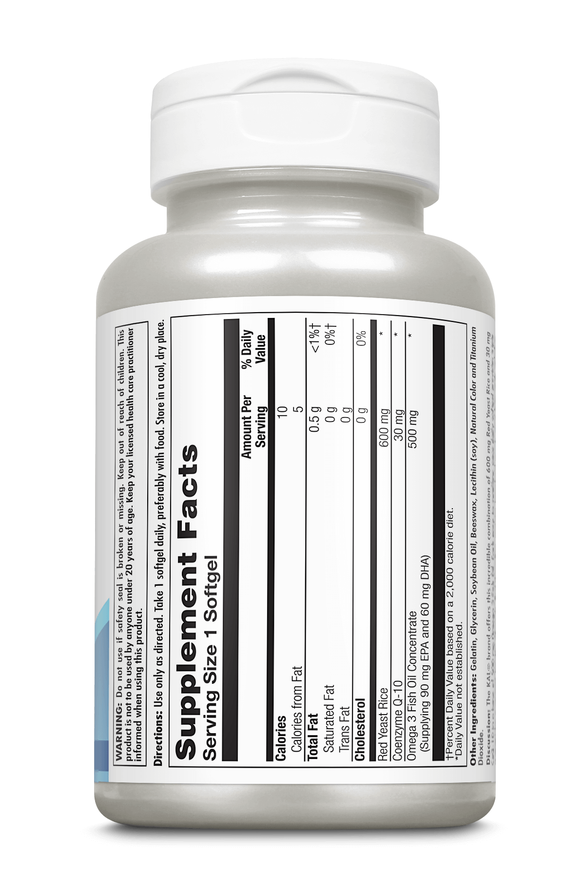 A white plastic supplement bottle with a white cap, showing the back label with Supplement Facts, on a clean white background.