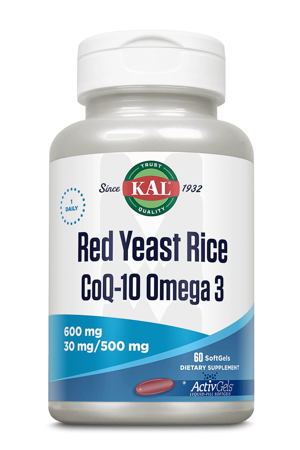 A white plastic bottle of KAL Red Yeast Rice CoQ10 Omega 3 dietary supplement with a white cap, featuring a white and blue label with the KAL logo.