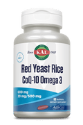 A white plastic bottle of KAL Red Yeast Rice CoQ10 Omega 3 dietary supplement with a white cap, featuring a white and blue label with the KAL logo.