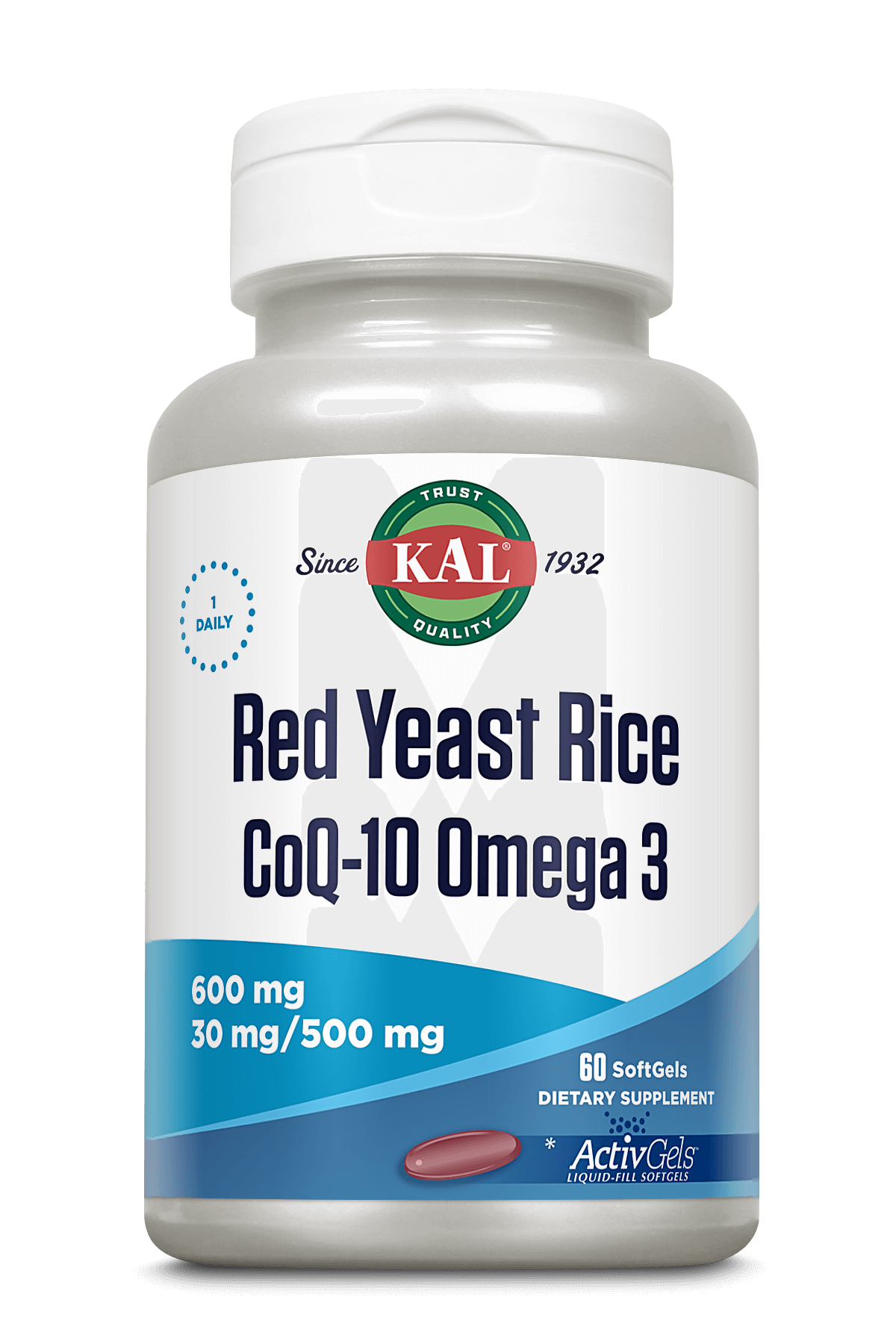 A white plastic bottle of KAL Red Yeast Rice CoQ10 Omega 3 dietary supplement with a white cap, featuring a white and blue label with the KAL logo.