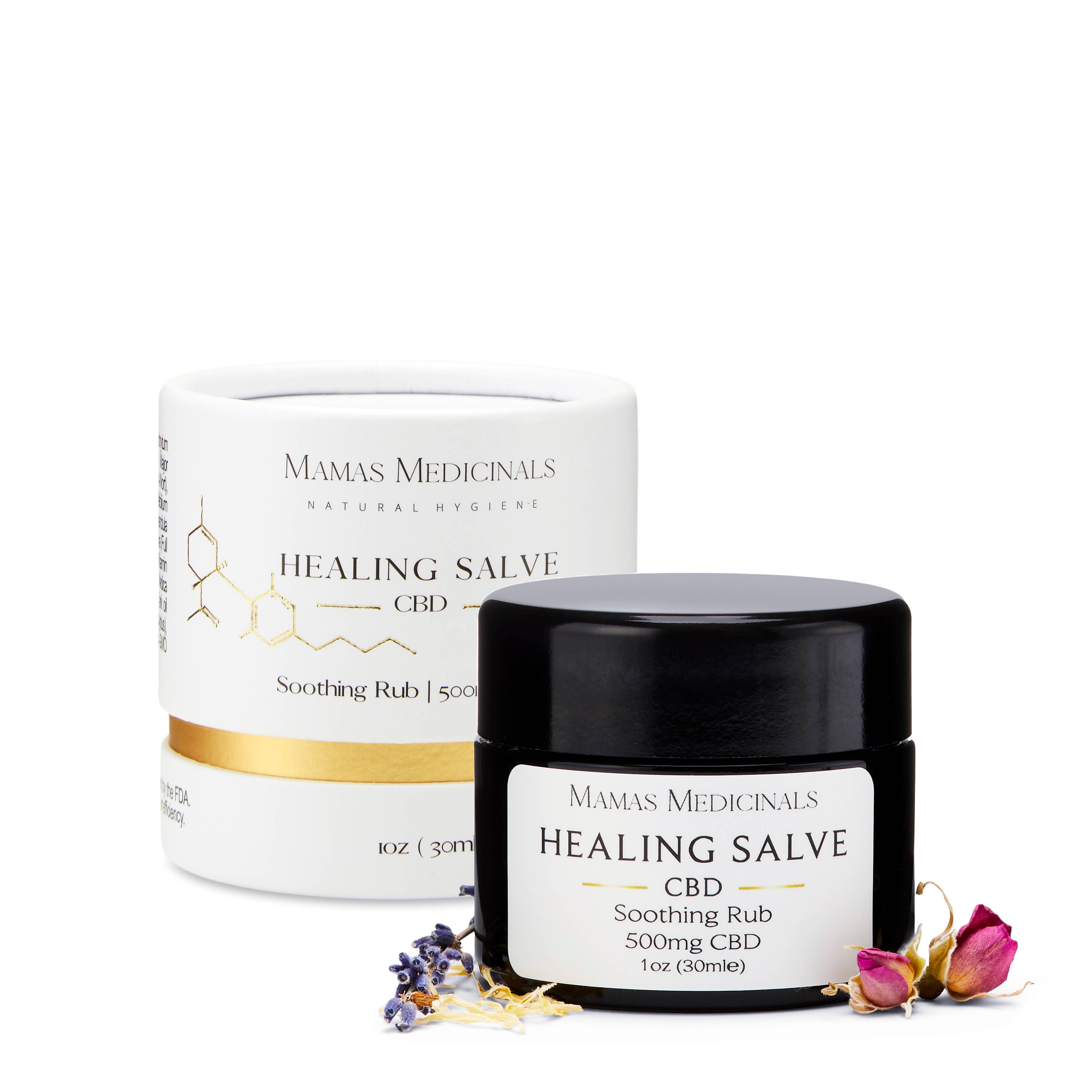 Mamas Medicinals Healing Salve CBD product with packaging on a white background