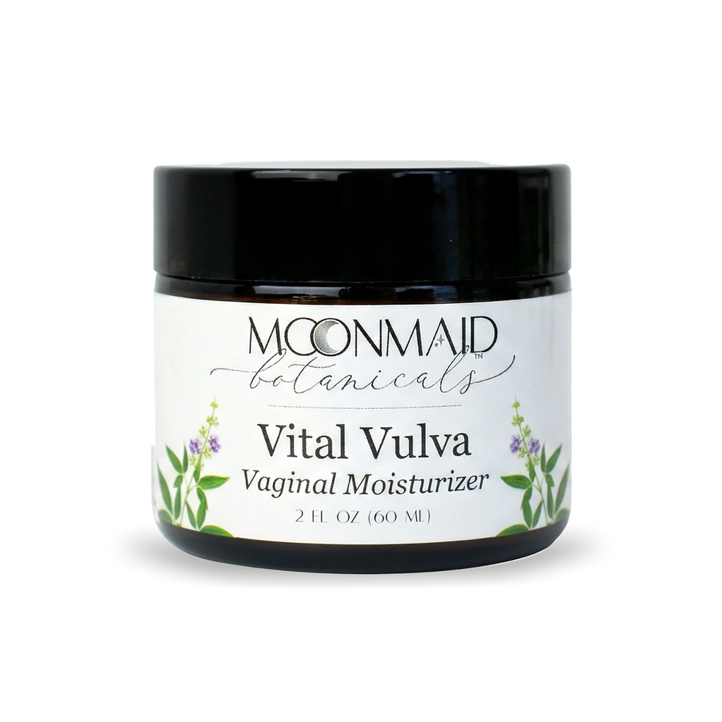 A black jar of Moonmaid Botanicals Vital Vulva Vaginal Moisturizer with a white label and green botanical illustrations, set against a plain white background.