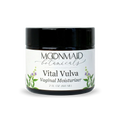 A black jar of Moonmaid Botanicals Vital Vulva Vaginal Moisturizer with a white label and green botanical illustrations, set against a plain white background.