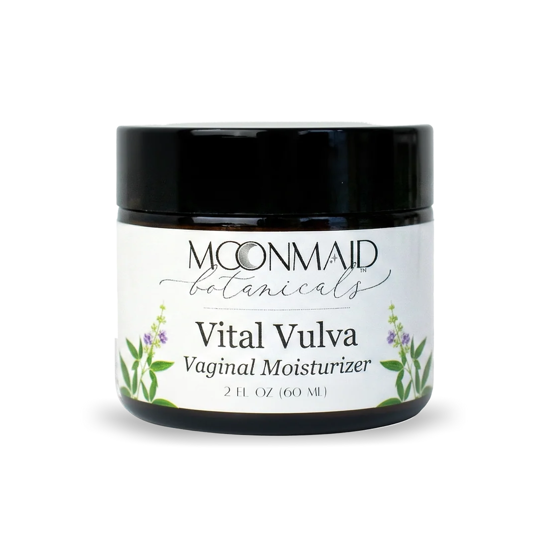 A black jar of Moonmaid Botanicals Vital Vulva Vaginal Moisturizer with a white label and green botanical illustrations, set against a plain white background.