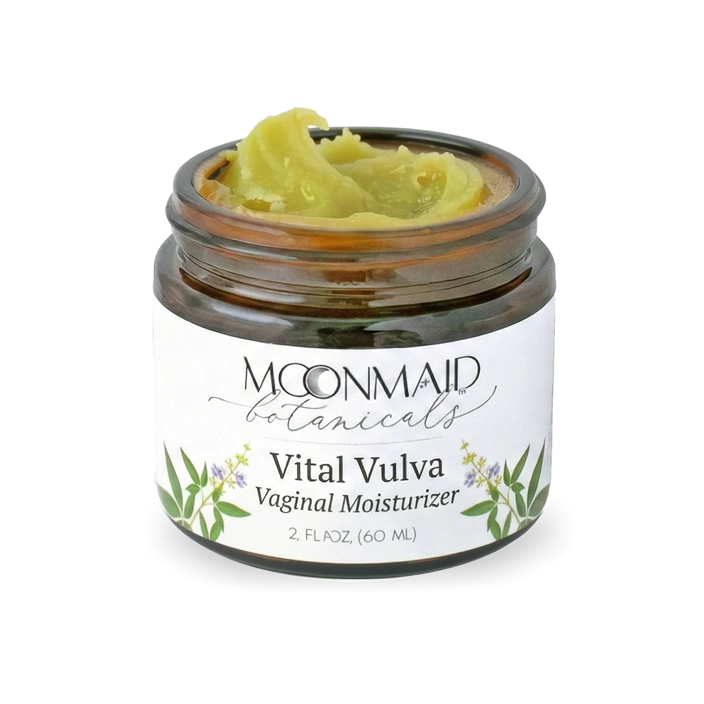 Jar of open Moonmaid Vital Vulva showing texture of salve on a transparent background