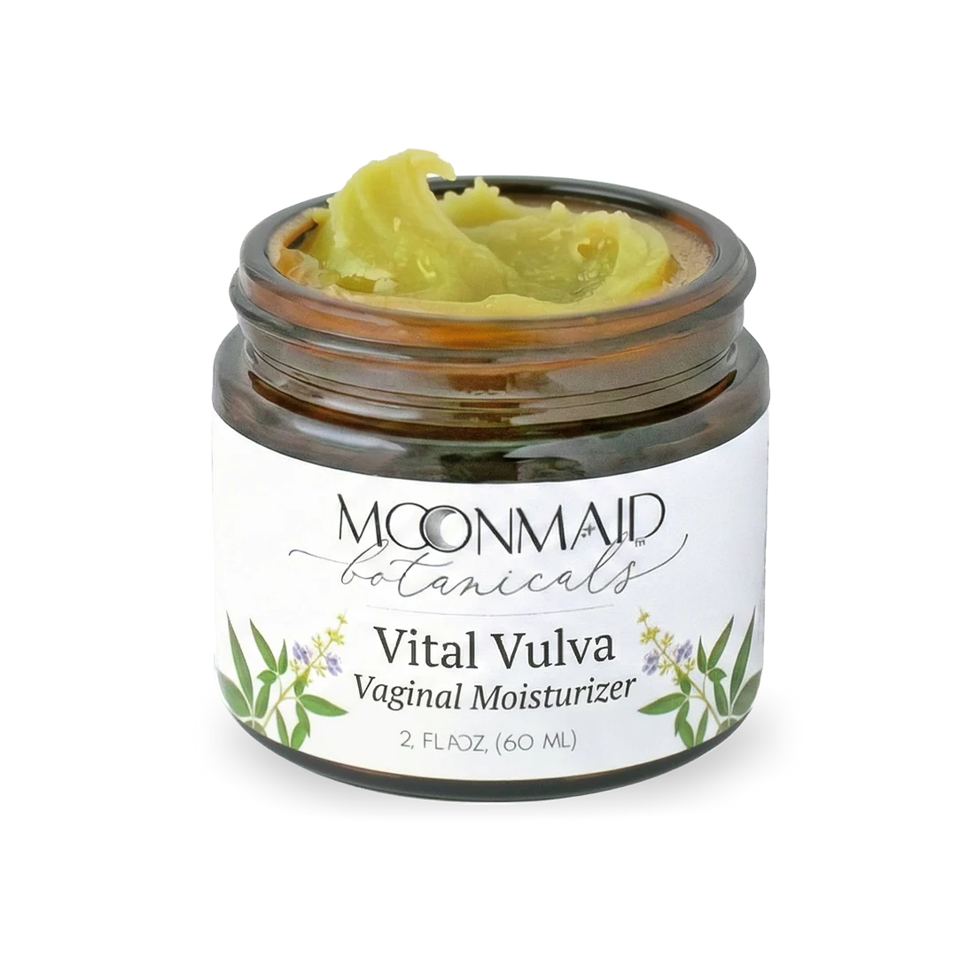 Jar of open Moonmaid Vital Vulva showing texture of salve on a transparent background