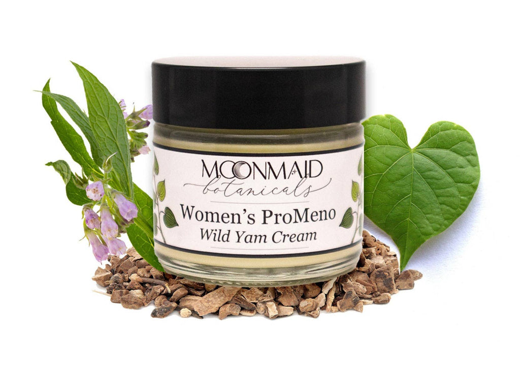 Jar of Moonmaid Botanicals Women's ProMeno Wild Yam Cream with a black lid on a white background.