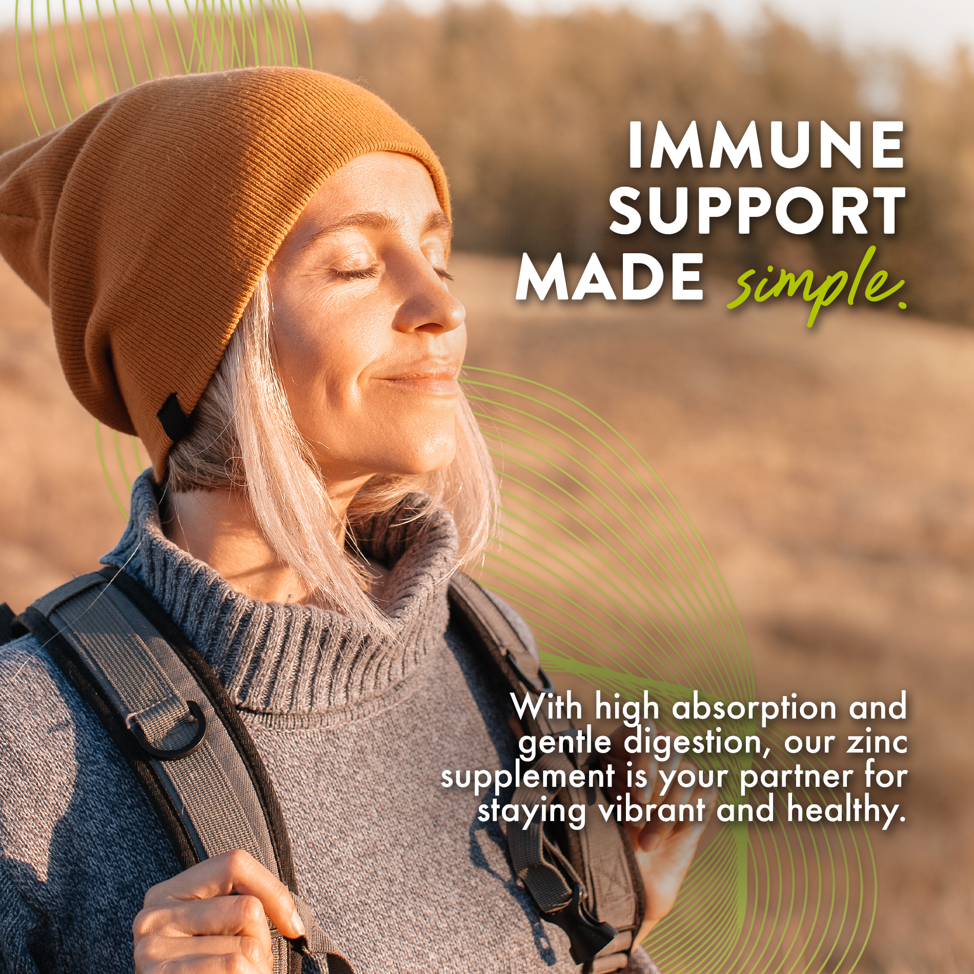 Woman with a backpack in a natural setting with text about immune support and zinc supplement.