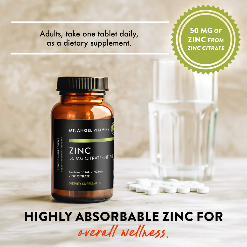 Bottle of zinc supplement with text about daily intake and benefits on a neutral background