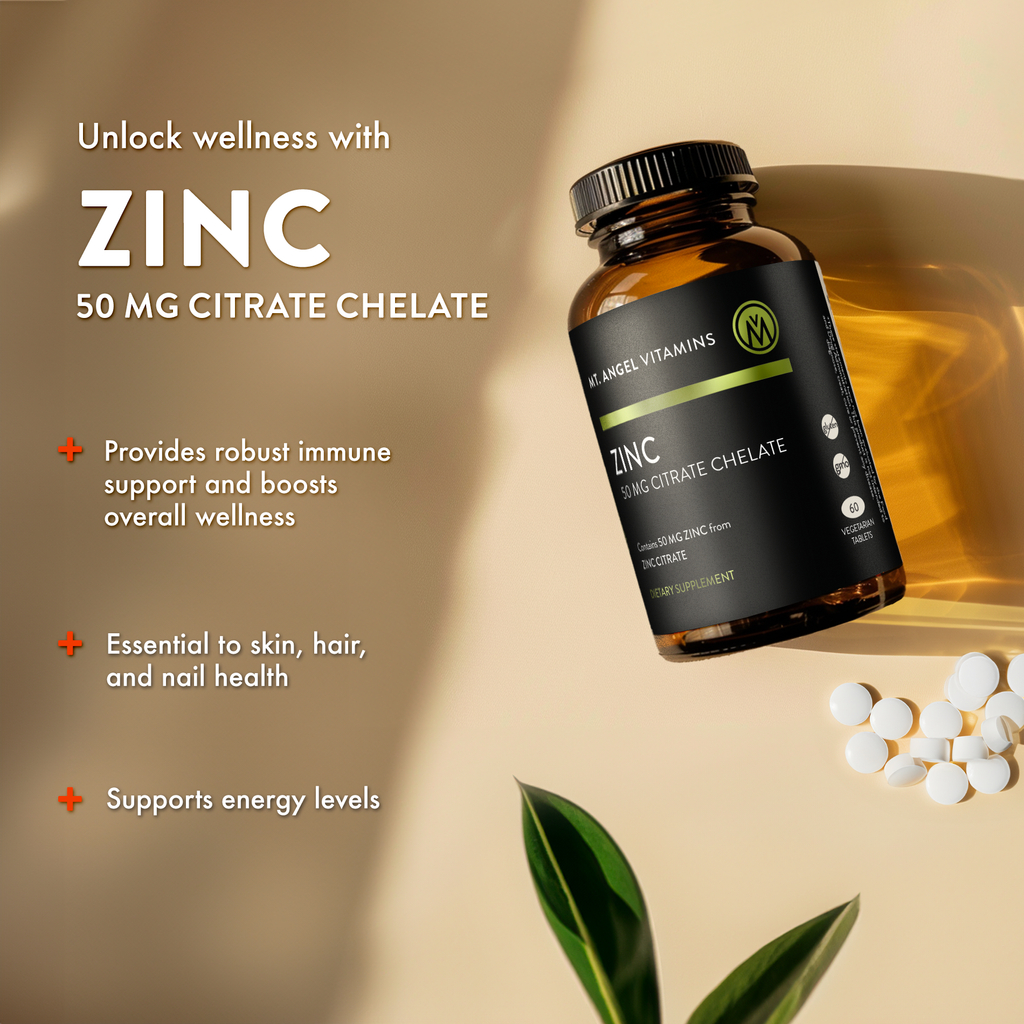Vitamin bottle labeled 'Zinc' with text about its benefits on a beige background