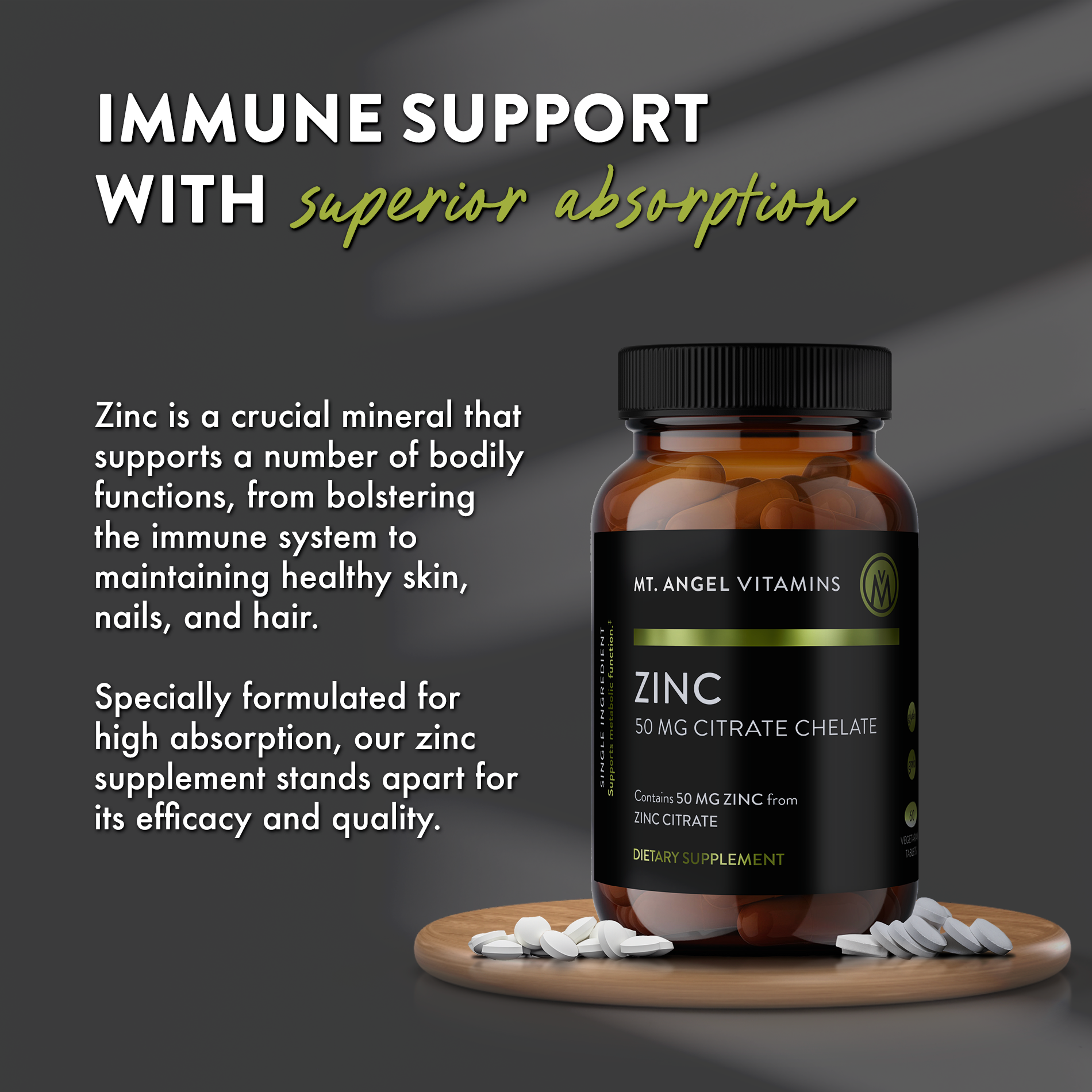 Zinc supplement bottle with text about immune support and absorption on a dark background
