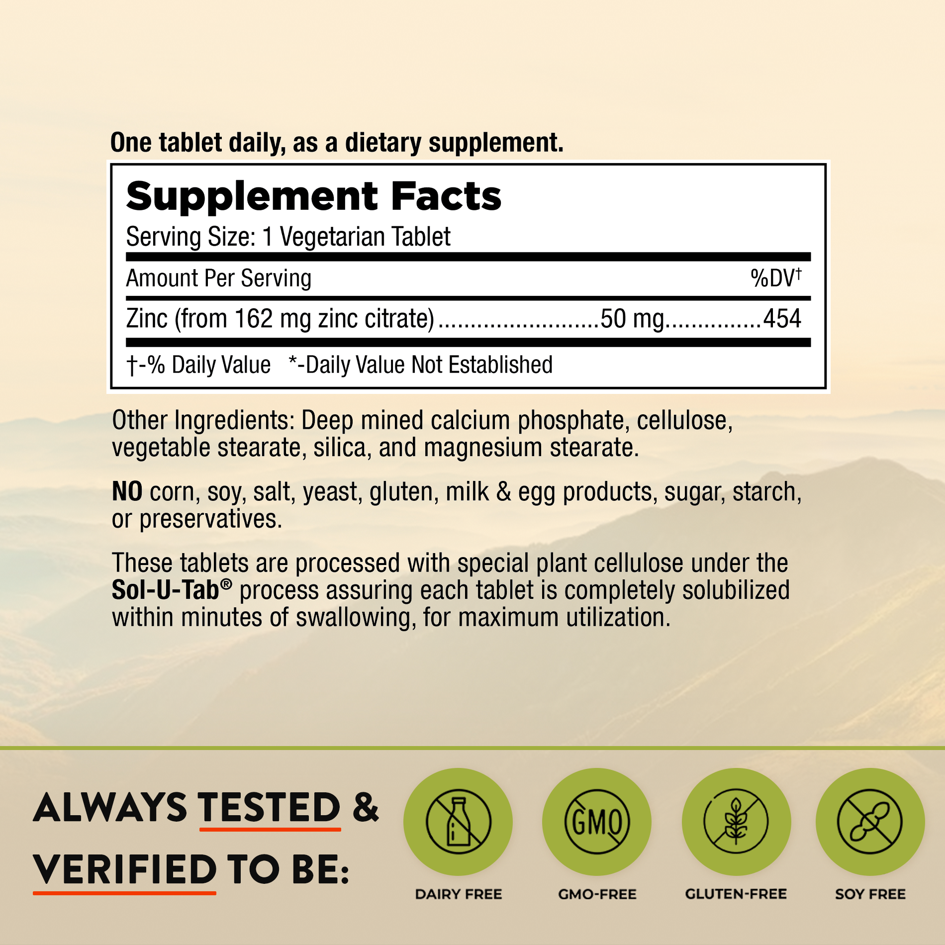 Supplement facts label for a dietary supplement on a beige background