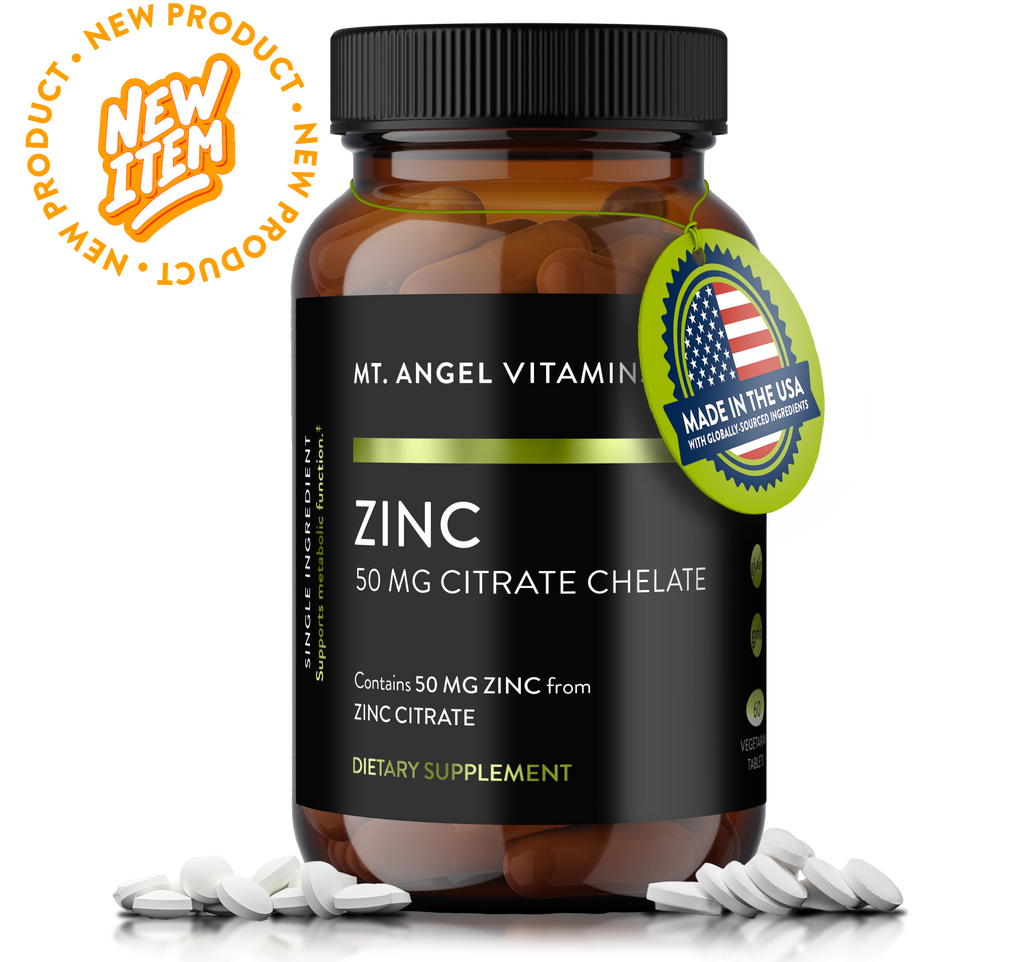 Supplement bottle labeled 'Mt. Angel Vitamins Zinc' with a 'Made in USA' badge on a white background.