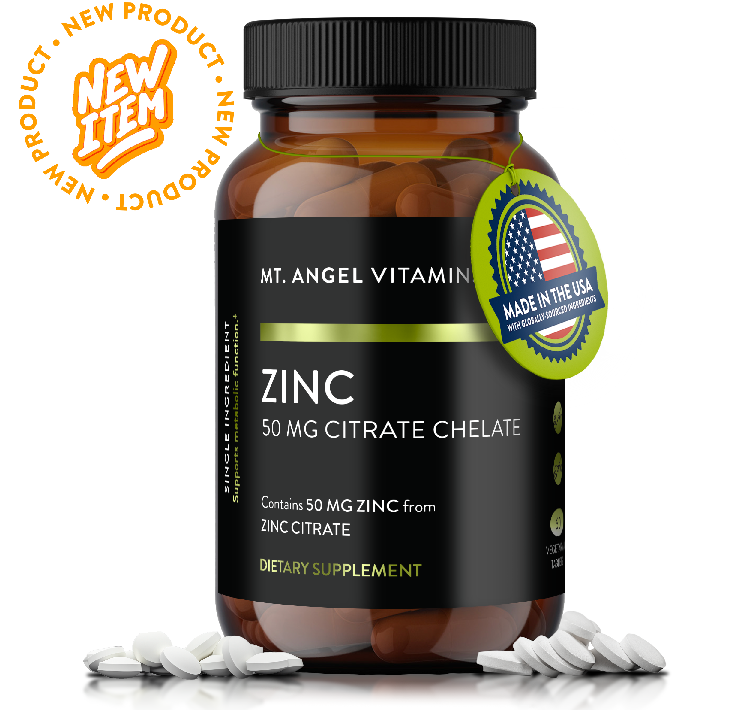Supplement bottle labeled 'Mt. Angel Vitamins Zinc' with a 'Made in USA' badge on a white background.