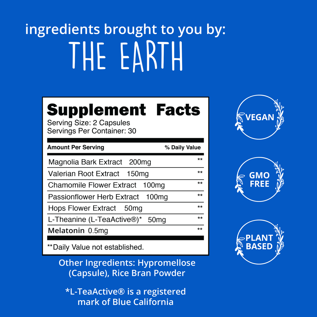 Supplement facts label with ingredients on a blue background, featuring 'The Earth' branding.