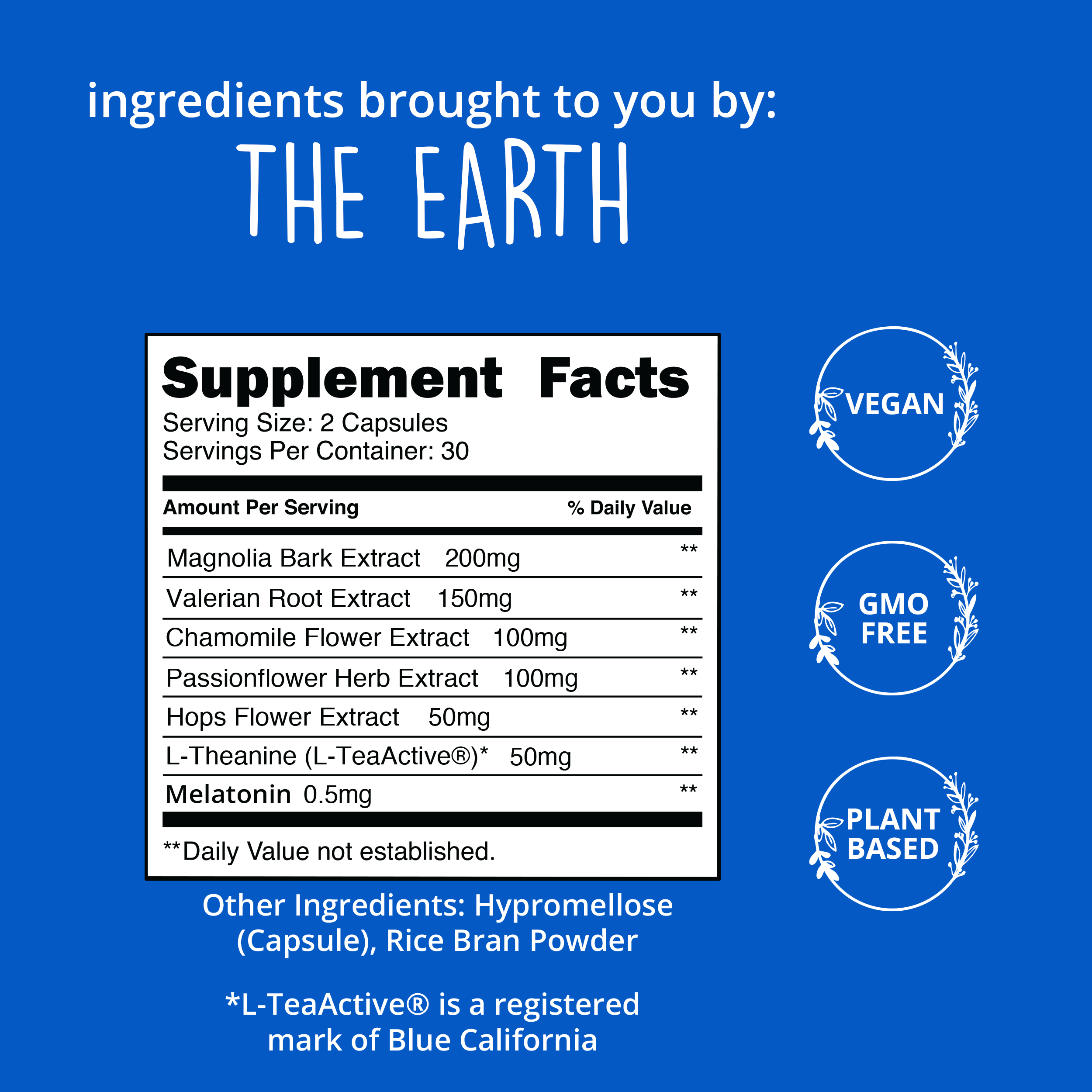 Supplement facts label with ingredients on a blue background, featuring 'The Earth' branding.