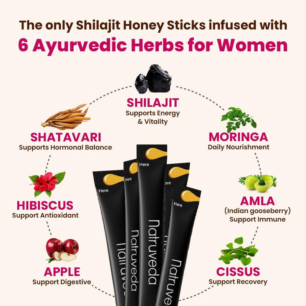 Shilajit honey sticks with Ayurvedic herbs and Natruveda branding on a white background