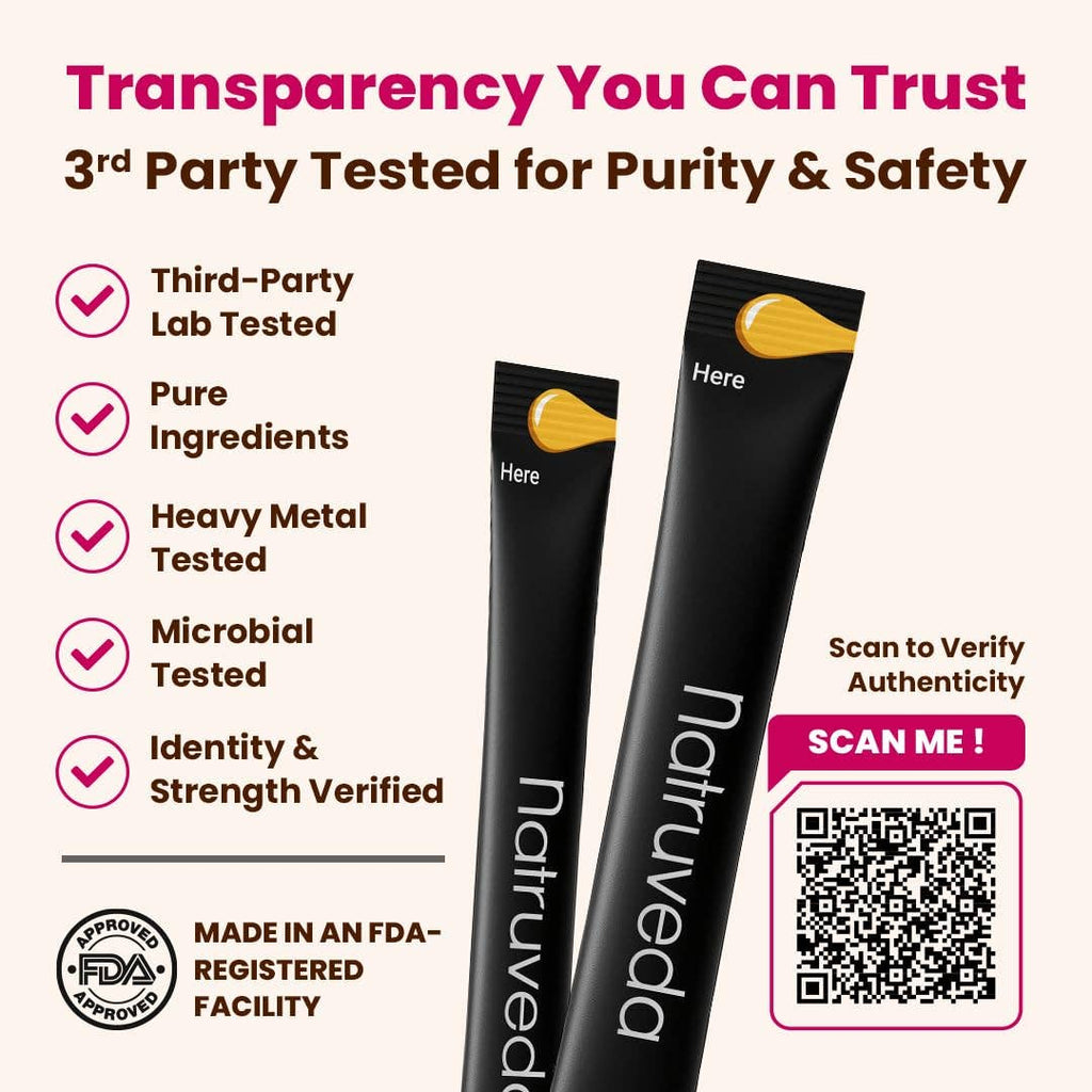 Promotional graphic for Natruveda dietary supplement tubes on a light beige background, with marketing text about third-party testing and an FDA registered facility mark, plus a QR code for authenticity.