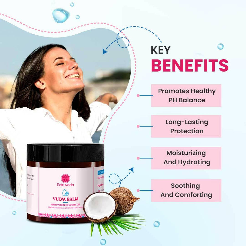 A promotional graphic for Naturvida Vexva Balm, showing a jar of the product alongside a smiling woman, coconuts, and text highlighting key benefits such as healthy pH balance, long-lasting protection, moisturizing, and soothing comfort.
