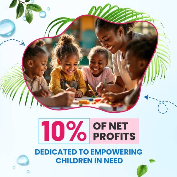 Promotional graphic with a central photo of children and an adult working together, surrounded by decorative leaves and bubbles, with text reading '10% OF NET PROFITS' and 'DEDICATED TO EMPOWERING CHILDREN IN NEED'.