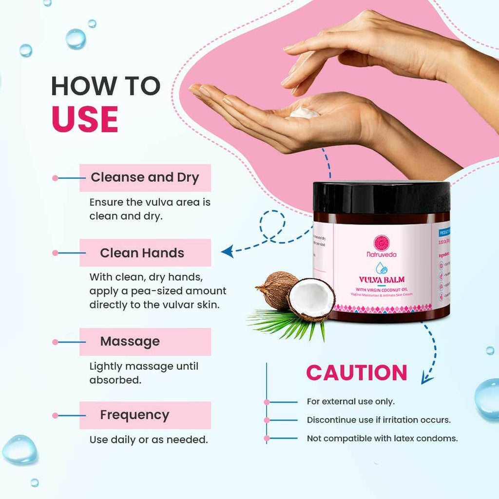 Instructional graphic for Fumivela Vula Balm showing hands applying and massaging a white balm, alongside product packaging, usage steps, and caution details on a light blue and pink background.