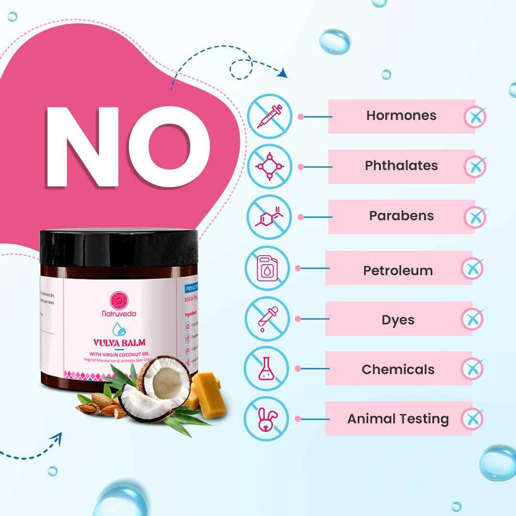 A jar of Natruveda Balm is shown on a light blue background with a large pink 'NO' graphic and a list of ingredients tested for: hormones, phthalates, parabens, petroleum, dyes, chemicals, and animal testing, each crossed out with a red X.