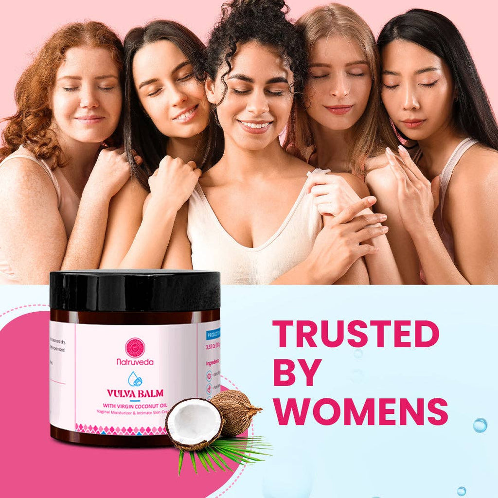 A jar of Naturveda Vyuva Balm with coconut oil is shown in the foreground against a pink and light blue graphic background. Above the product, five women are hugging, and the text reads 'TRUSTED BY WOMENS'.