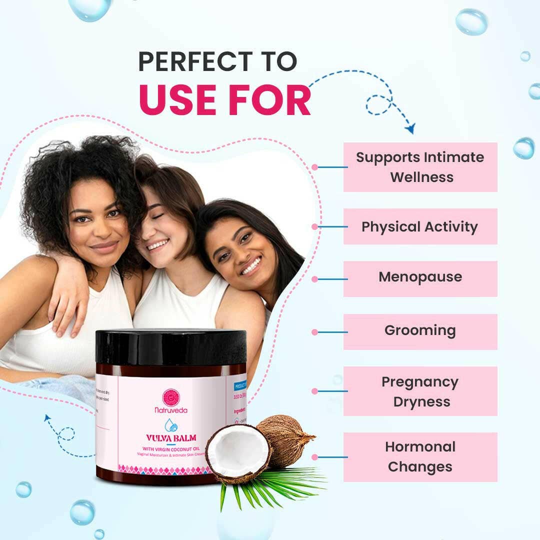 A promotional graphic for Yevla Balm intimate wellness product. The jar is shown in front of three smiling women, with text listing benefits: supports intimate wellness, physical activity, menopause, grooming, pregnancy dryness, and hormonal changes.