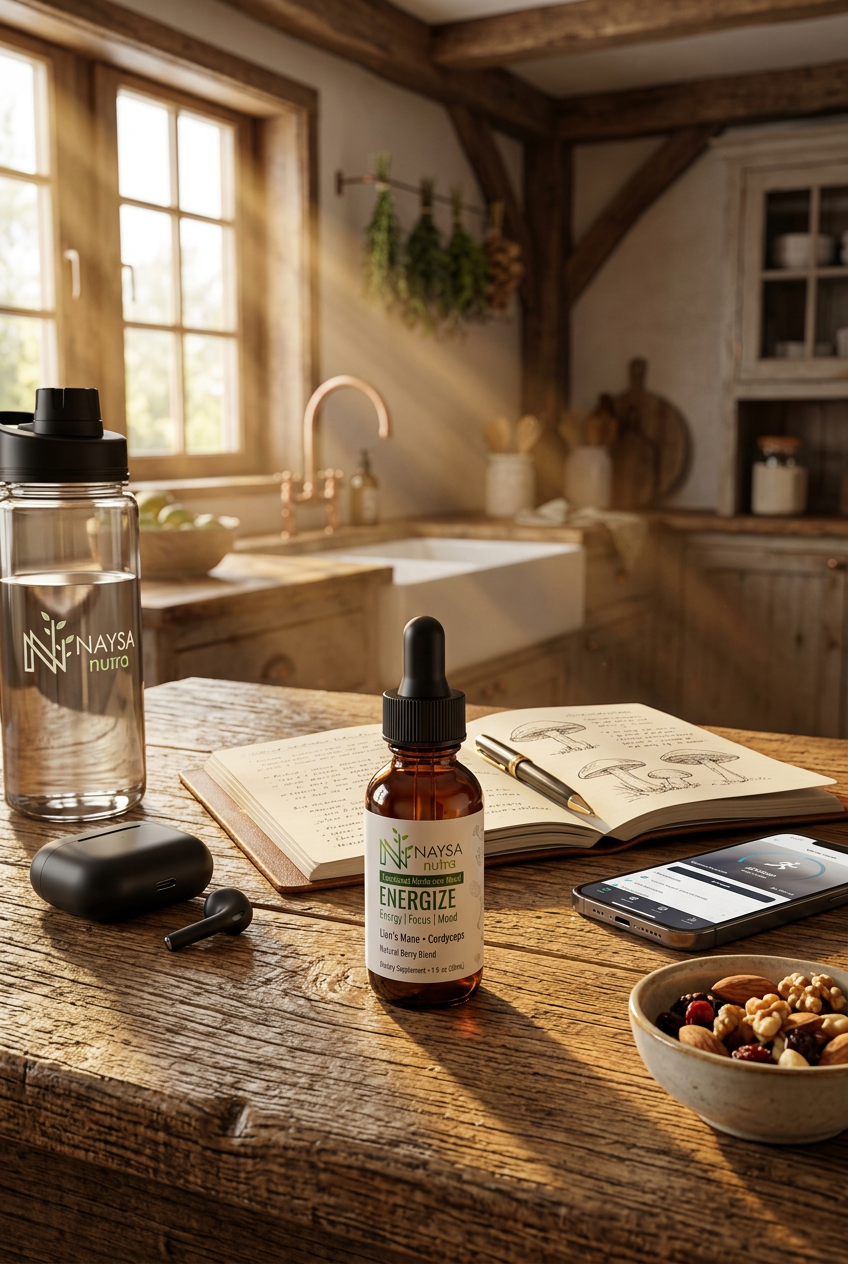 Naysa Energize tincture on a rustic table next to daily needs